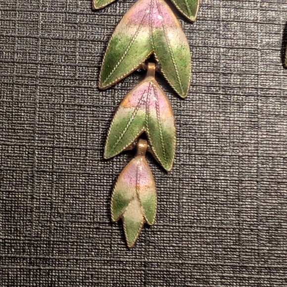 Dangle Leaf Earrings Pink Enamel Sterling Silver Vermeil Gold Plate Estate Vtg - Picture 3 of 6